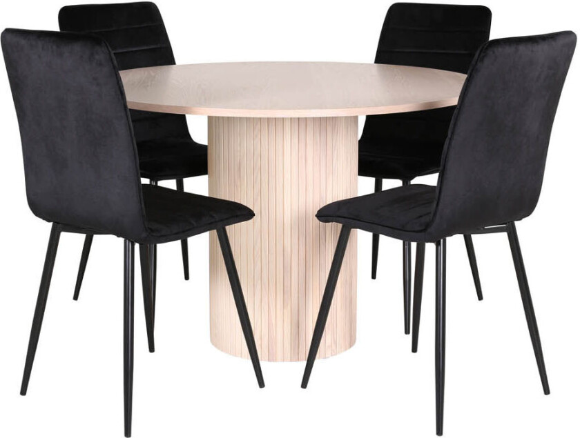 BiancaROWW spisegruppe spisebord eik finer hvit washed og 4 Windu Lyx spisestuestoler velour svart.
