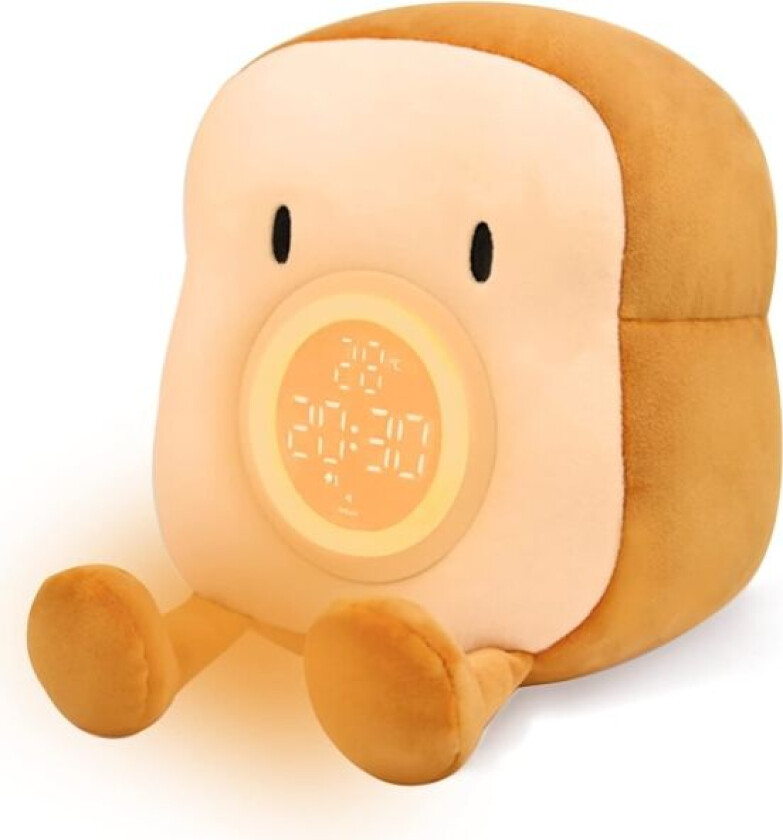 Plush leketøy nattlys vekkerklokke for barn, Multiin-one koselig toast plushies seng klokke med dobbel alarm og slumre, dimbar sengelampe