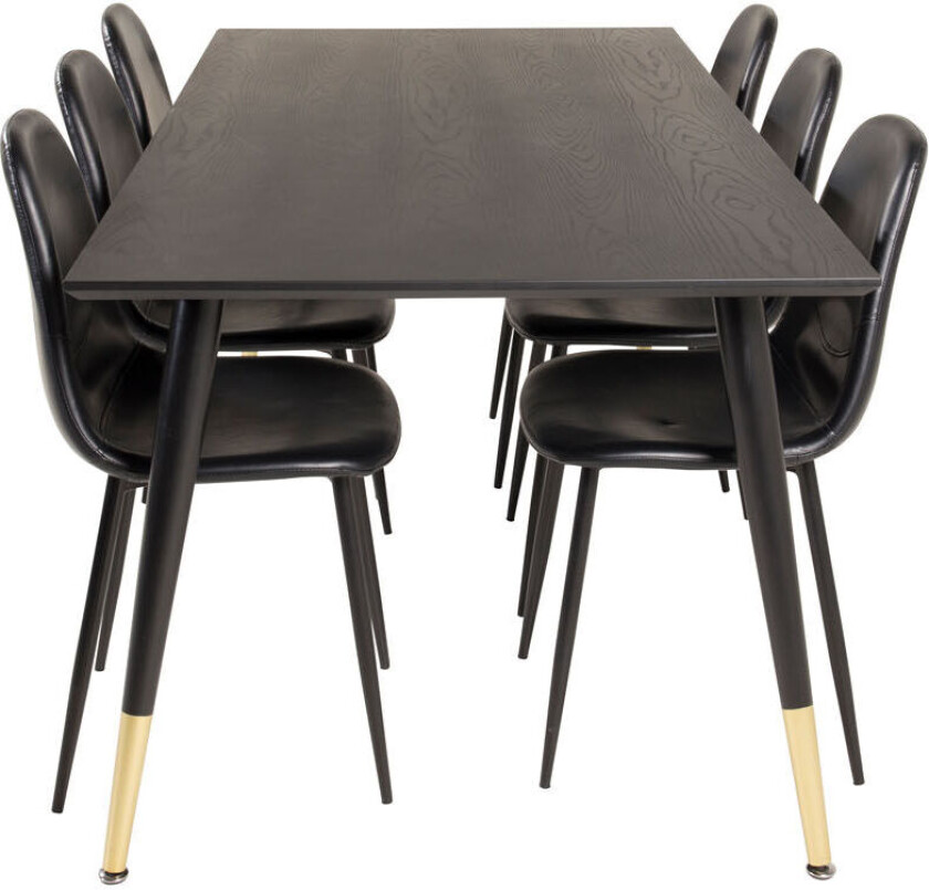 Dipp180x90BLBR spisegruppe spisebord svart og 6 Polar spisestuestoler PU kunstskinn svart PU kunstskinn.