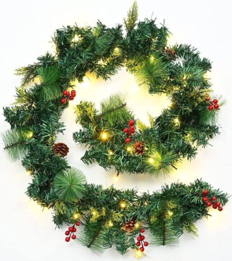 1,8 m/6 fot Julekrans Dekorasjoner, Julekrans med 50 LED Lys Pinjekongler Lin Bånd