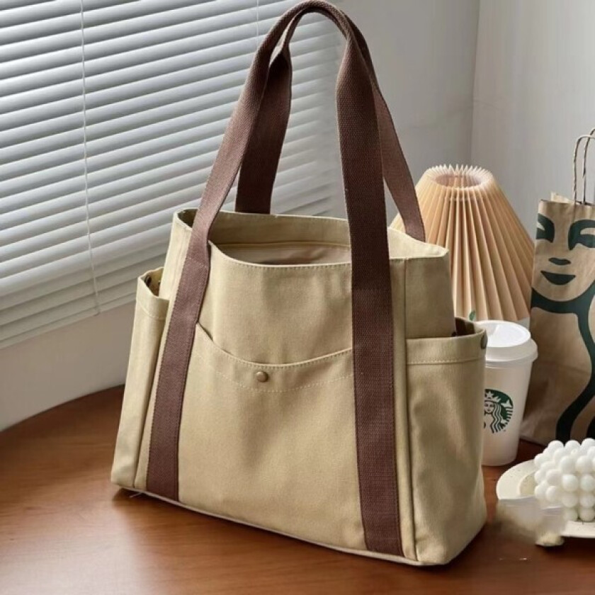 Stor Canvas Tote Bag for Arbeid, Pendling, College-Stil, Studentantrekk, Bok, Skulderbag Brown