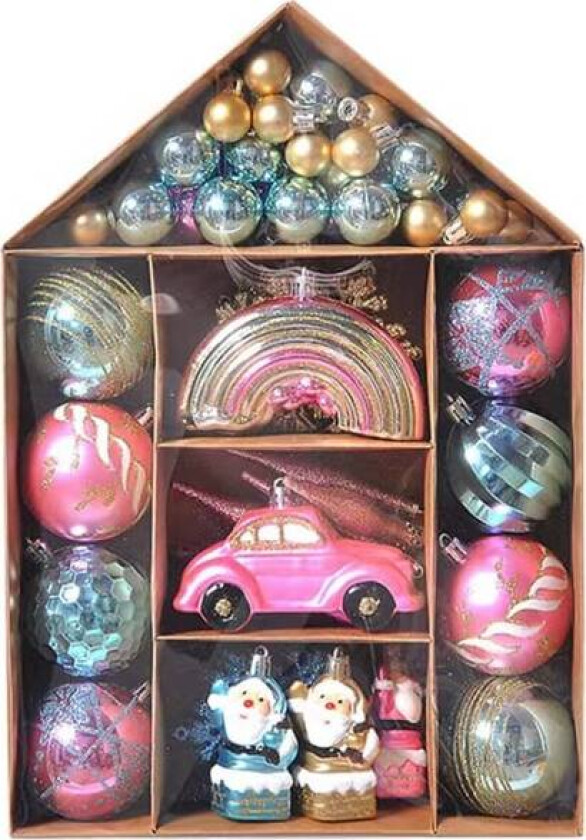 Julekulesett med dekorative kuler og anheng