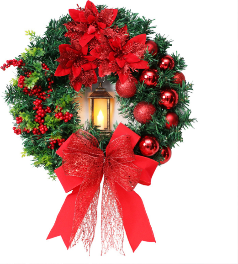 Julekrans med vindlykt sløyfe rød blomst foran