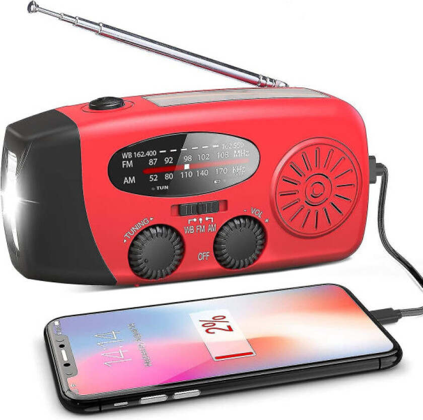Nødradio med solcelle, håndsveiv, værradio, LED-lommelykt, telefon-powerbank-lader