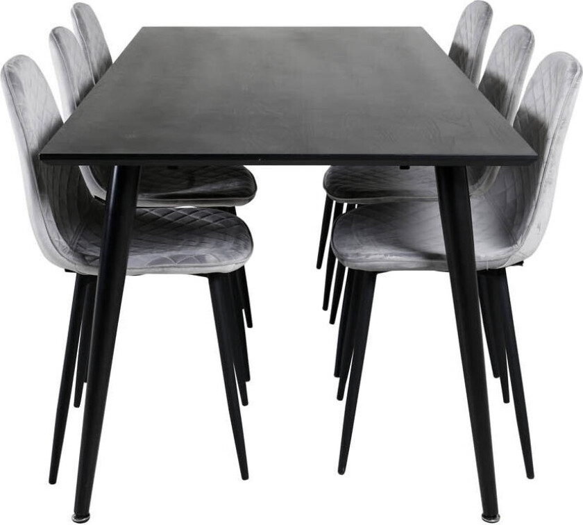 Dipp180x90BLBL spisegruppe spisebord svart og 6 Polar Diamond spisestuestoler velour grå.
