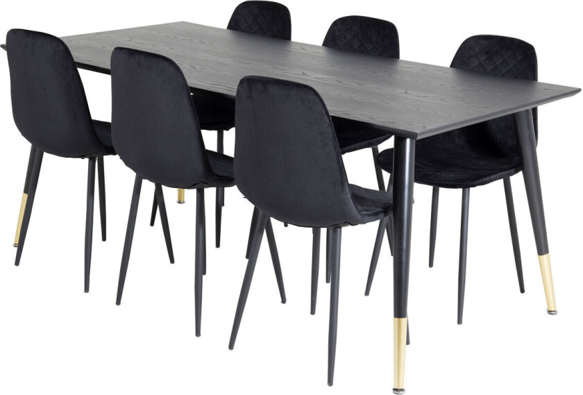 Dipp180x90BLBR spisegruppe spisebord svart og 6 Polar Diamond spisestuestoler velour svart.