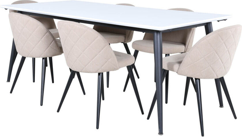 Jimmy195 spisegruppe spisebord uttrekksbord lengde cm 195 / 285 hvit og 6 Velvet Stitches spisestuestoler beige.