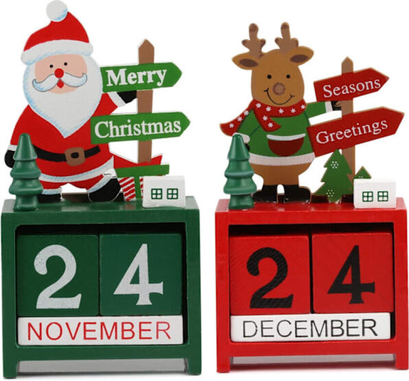 2 stk Tre-Adventskalender Julepynt til Kontoret, Julenissen og Rein