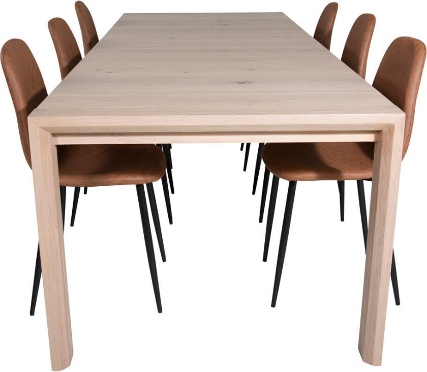 SliderWW spisegruppe spisebord uttrekksbord lengde cm 170 / 250 eik hvit washeded og 6 Polar spisestuestoler PU kunstskinn brun.