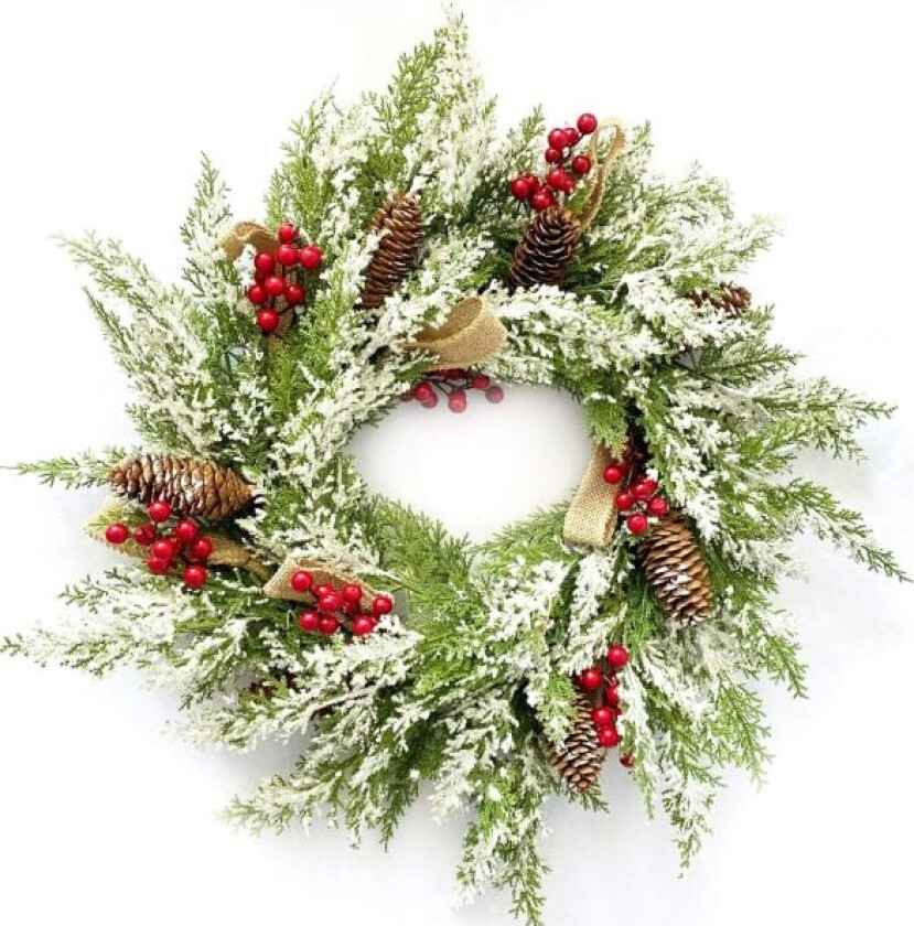 Kunstig Julekrans til Inngangsdøren med Furukongler, Røde Bær, Jutesløyfe og Snøfnugg, Innendørs Utendørs Høytidsveggkrans Flocked