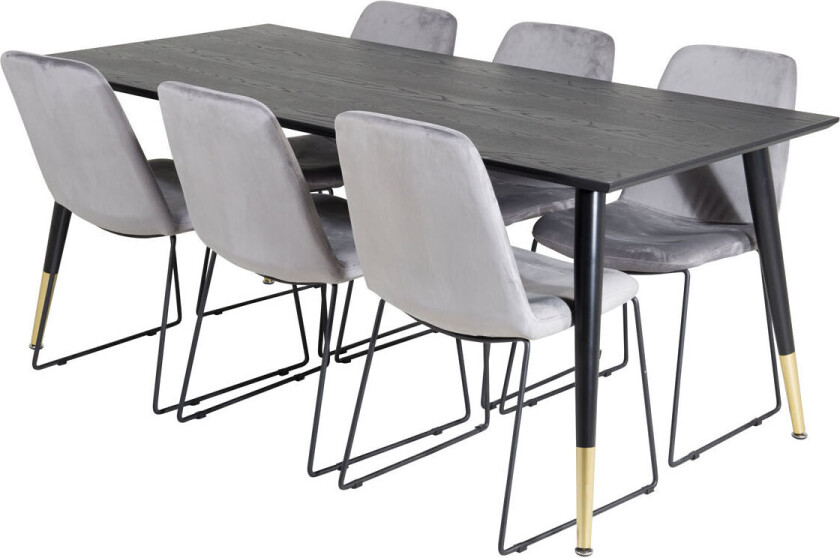 Dipp180x90BLBR spisegruppe spisebord svart og 6 Muce spisestuestoler velour grå.