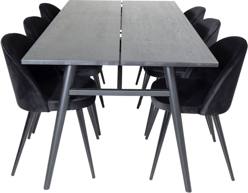 Sleek spisegruppe spisebord uttrekksbord lengde cm 195 / 280 svart og 6 Velvet spisestuestoler velour svart.