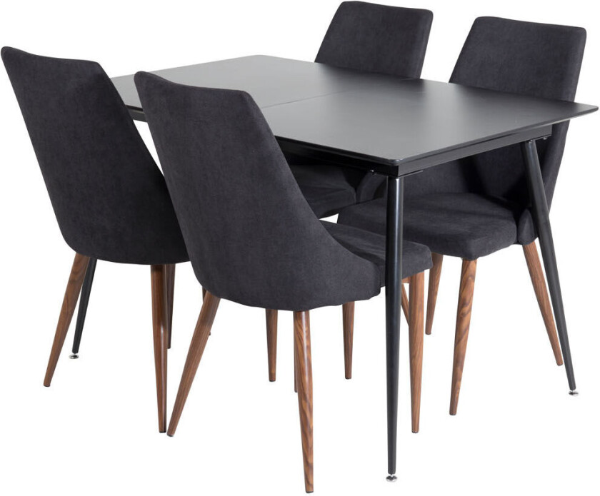 SilarBLExt spisegruppe spisebord uttrekksbord lengde cm 120 / 160 svart og 4 Leone spisestuestoler svart.