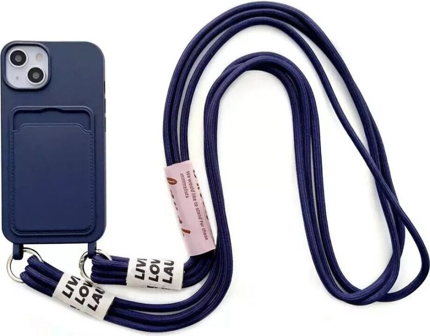iPhone 14 Fleksibelt Plastdeksel med Kortholder og Stropp - Mørke Blå