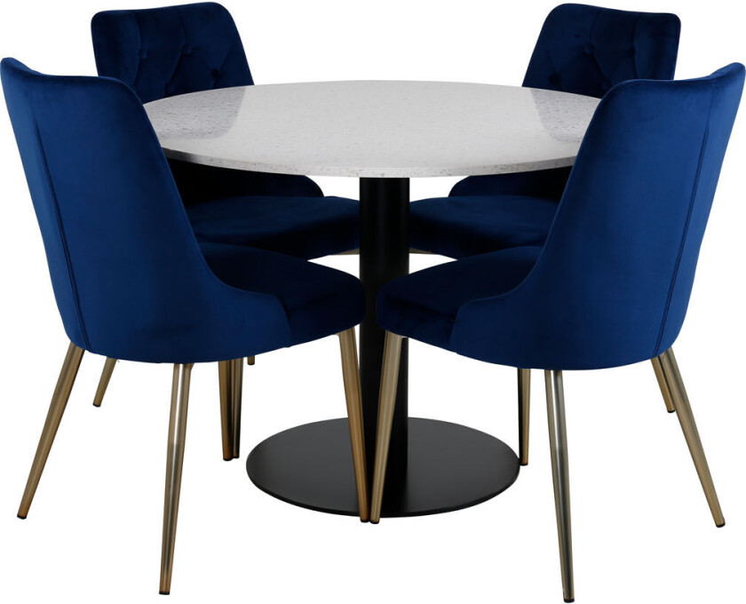RazziaWH spisegruppe spisebord terazzo hvit og 4 Velvet Deluxe spisestuestoler velour blå, messing dekor.