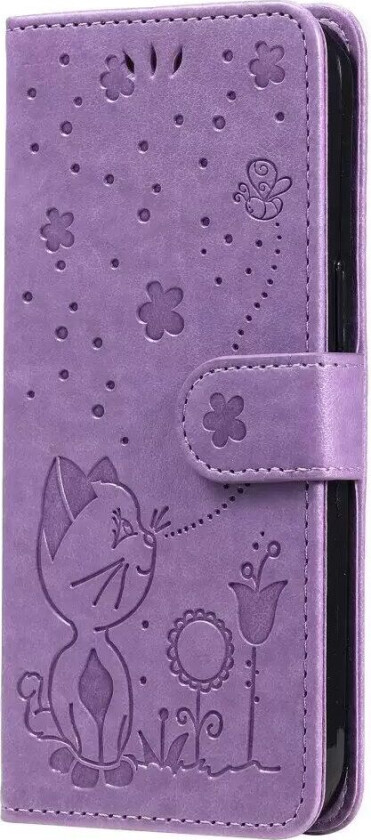 iPhone 15 Pro Flip Deksel i Skinn med Lommebok og Stropp - Kattegravering - Lilla