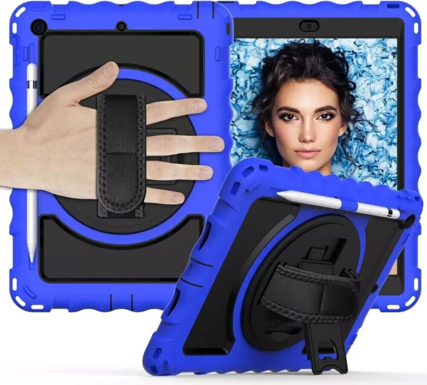 iPad 10,2" (2021 / 2020 / 2019) Håndverkerdeksel med Håndholder, Stativ og Apple Pencil Holder - Blå