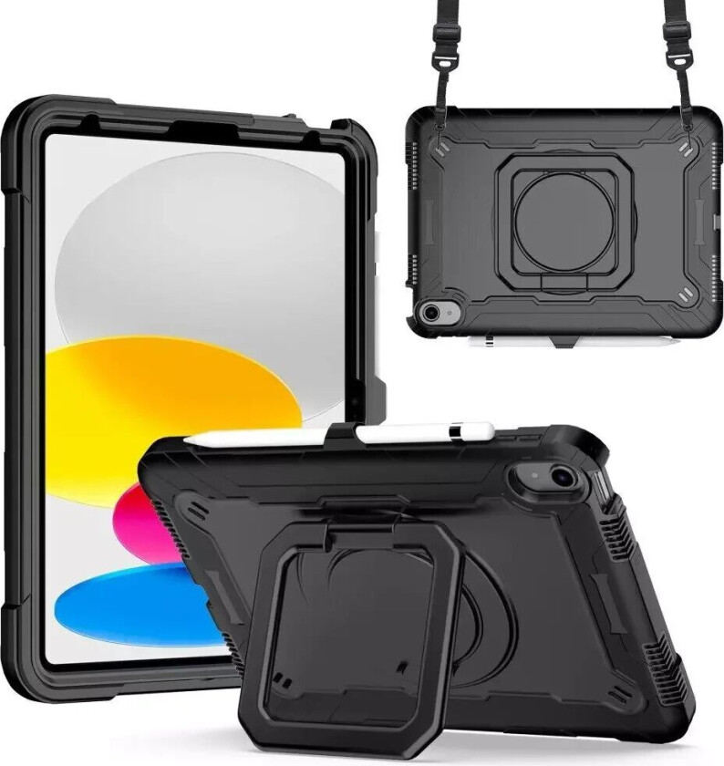 iPad 10.9 (2022) Silikondeksel med 360 Graders Stativ og Bærestropp - Svart