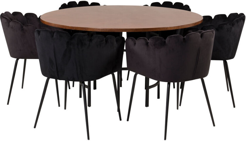 Copenhagen spisegruppe spisebord brun og 6 Limhamn spisestuestoler velour svart.