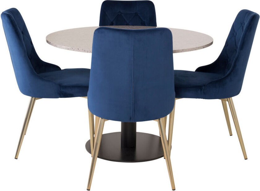 RazziaGR spisegruppe spisebord terazzo grå og 4 Velvet Deluxe spisestuestoler velour blå, messing dekor.