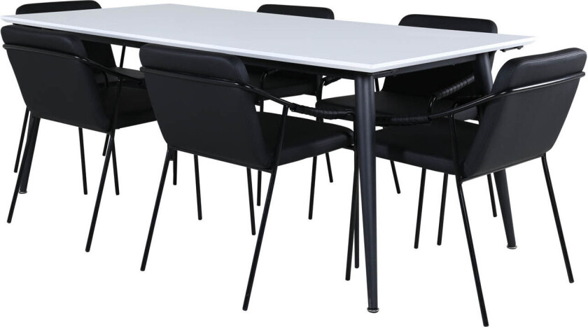 Jimmy195 spisegruppe spisebord uttrekksbord lengde cm 195 / 285 hvit og 6 Tvist spisestuestoler PU kunstskinn svart.