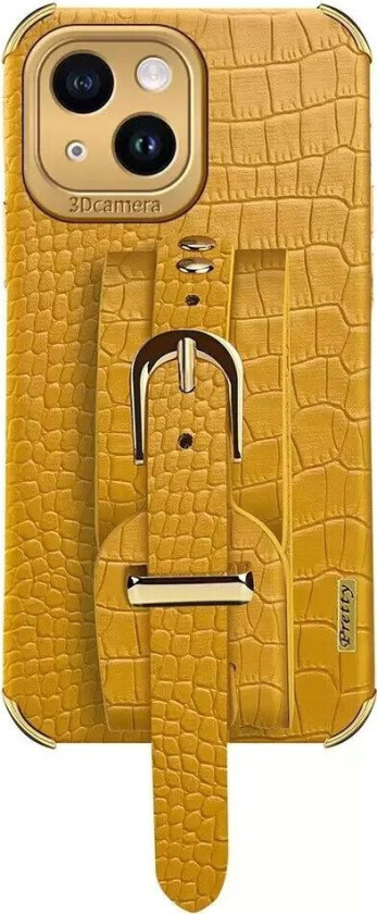 iPhone 14 Krokodilleskinn Deksel m. Innebygd Stropp - Gul