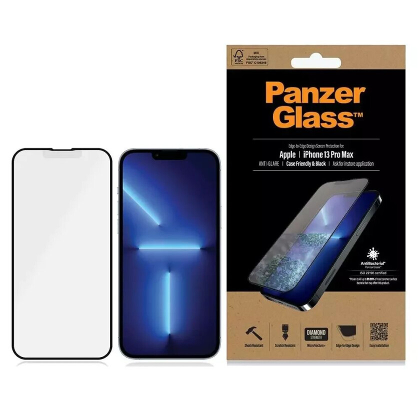 iPhone 13 Pro Max AntiBacterial Beskyttelsesglass - Anti-Glare - Case Friendly - Svart Kant