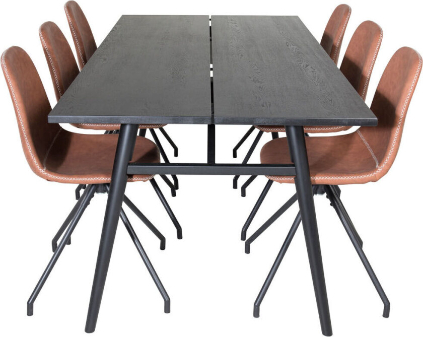 Sleek spisegruppe spisebord uttrekksbord lengde cm 195 / 280 svart og 6 Polar spisestuestoler PU kunstskinn brun.