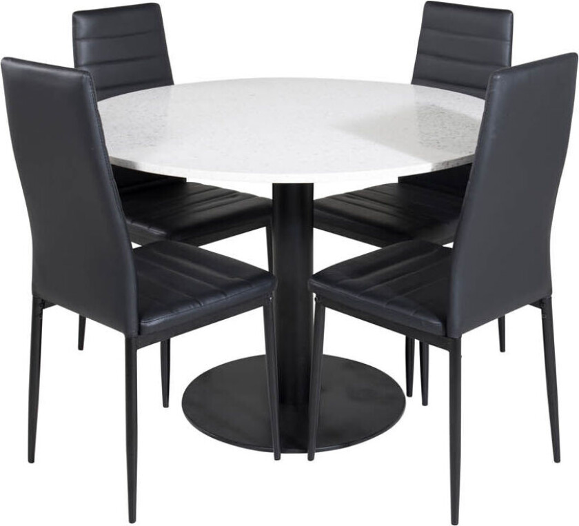 RazziaWH spisegruppe spisebord terazzo hvit og 4 Slim High Back spisestuestoler PU kunstskinn svart.