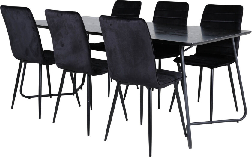 PippiBL spisegruppe spisebord svart og 6 Windu Lyx spisestuestoler velour svart.