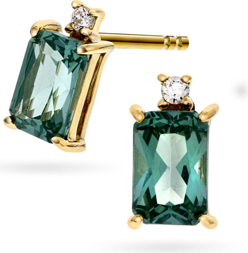 , Øredobber i 585 gult gull med zirkonia og syntetisk grønn spinell