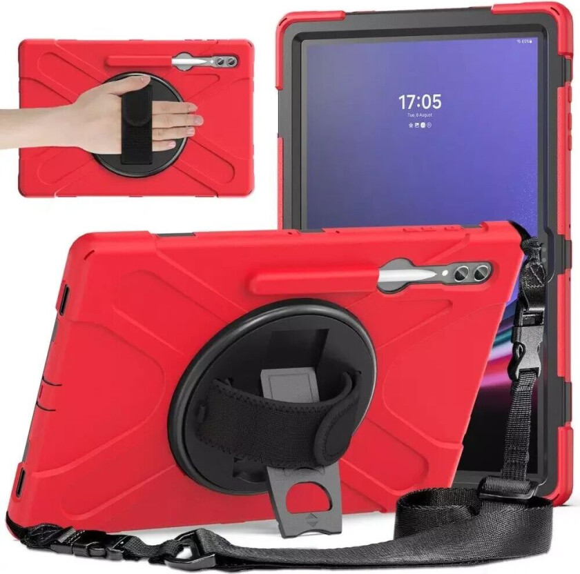 Samsung Galaxy Tab S9 Ultra / S8 Ultra Håndverkerdeksel med Håndholder, Stativ, Pencil Holder og Skulderstropp - Rød / Svart