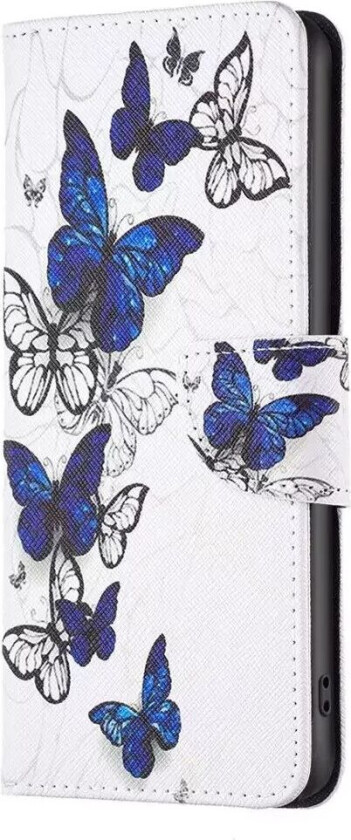 iPhone 14 Pro Flip Deksel med Lommebok - Blå / Hvite Sommerfugler