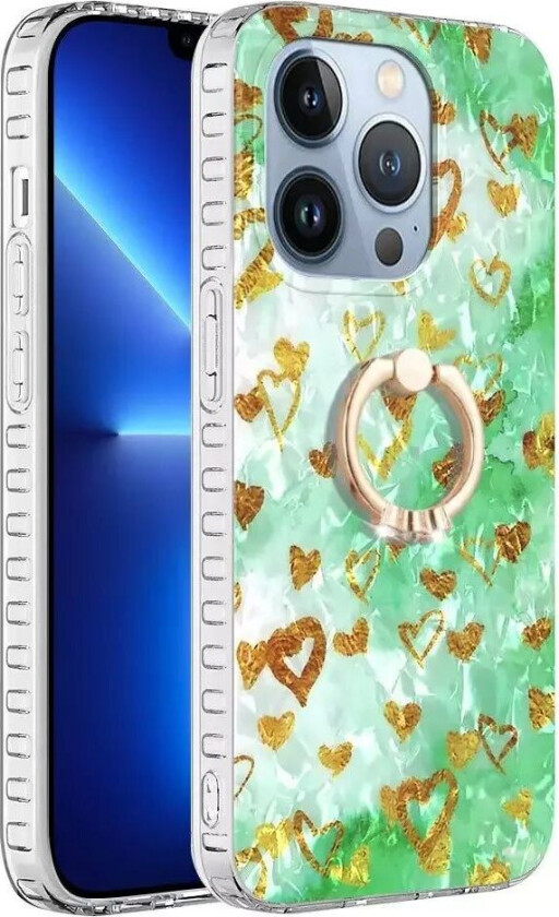 iPhone 14 Pro Fleksibelt Plast Deksel med Ring- og Stativfunksjon - Gull Hjerter