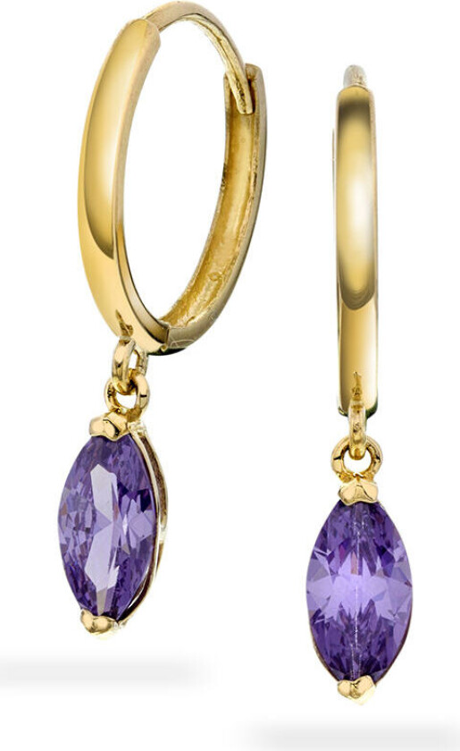 , Øreringer i 585 gult gull, zirkonia med lilla farge