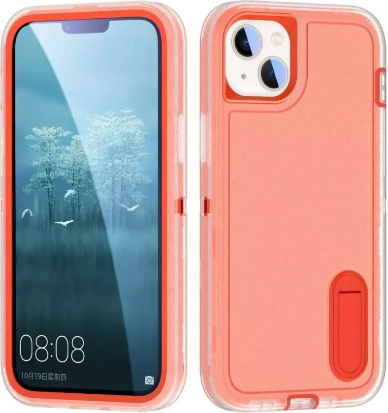 iPhone 15 Hybrid Håndverkerdeksel m. Stativ - Oransje / Gjennomsiktig