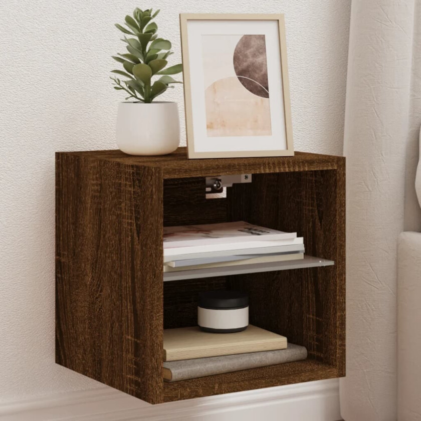 Vegghengt TV-benk med LED brun eik 30x28,5x30 cm