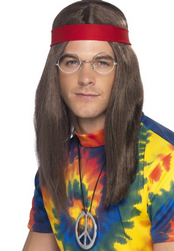 Hippie Sett med parykk, briller, smykke og hodebånd