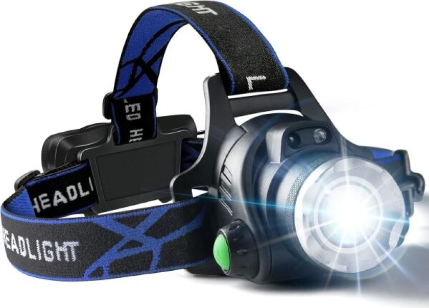 Laderbar hodelykt, 1500 Lumen Høy Lysstyrke Zoom LED Hodelykt, Stor Batteridrevet Vanntett Hodebåndslykt med 4 Moduser