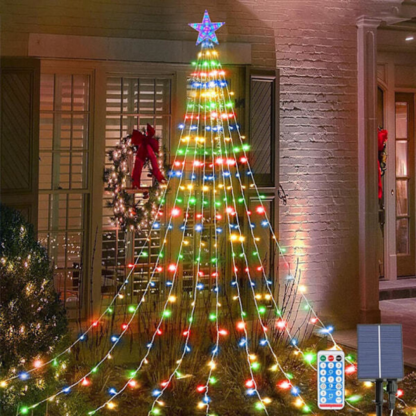 Vannfallslys for juletre, 2m/6,56ft x 9 linjer solcelledrevne juletrelys med stjerne på toppen, 198 LED vanntett elvlys med 8 lysmoduser multicolored Solar