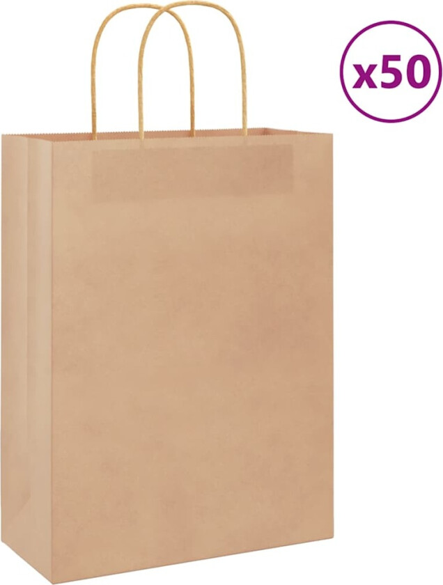 Kraftpapirposer 50 stk med håndtak brun 26x12x35 cm