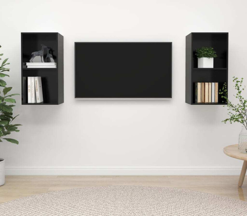 Vegghengte TV-benker 2 stk høyglans svart sponplate