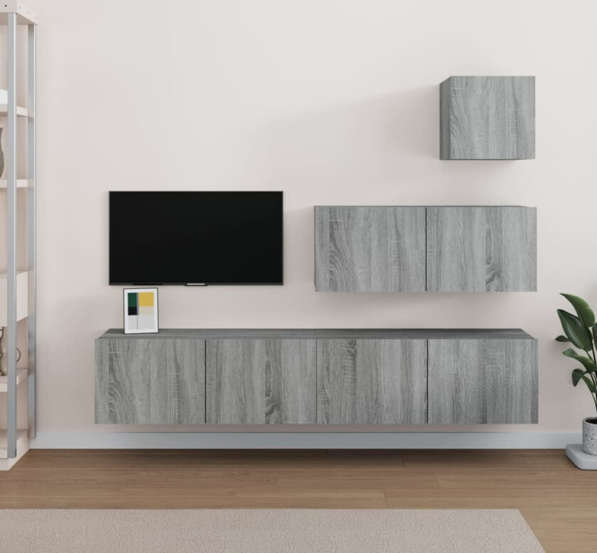 TV-skapsett 4 deler grå sonoma konstruert tre