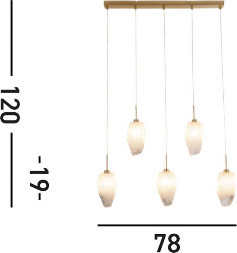 Rocky pendellampe, 5 lyskilder, lang, messingfarget, stål, glass