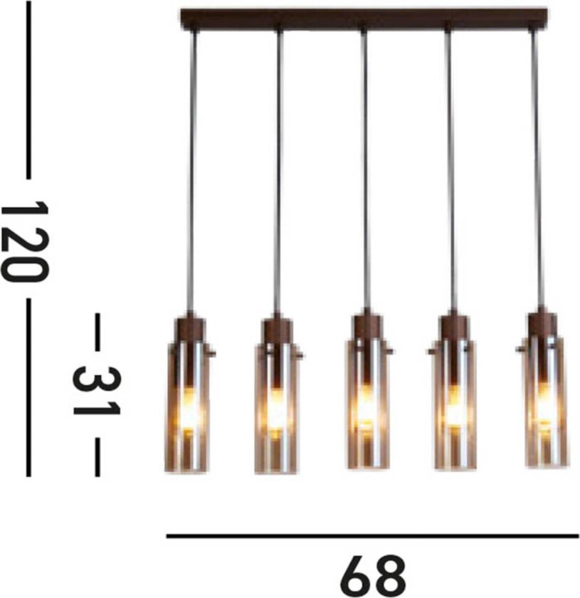 Sweden II hengelampe, 5 lyskilder, lang, stål, glass, E27