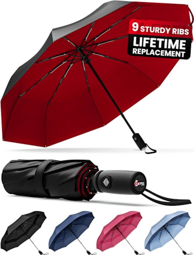 Repel Paraply Vindtett Reiseparaply for Regn - Enkel Automatisk Åpne Lukk, Holdbar og Kompakt Paraply, Sterk Fiberglassramme, Vanntett Baldakin Black Red