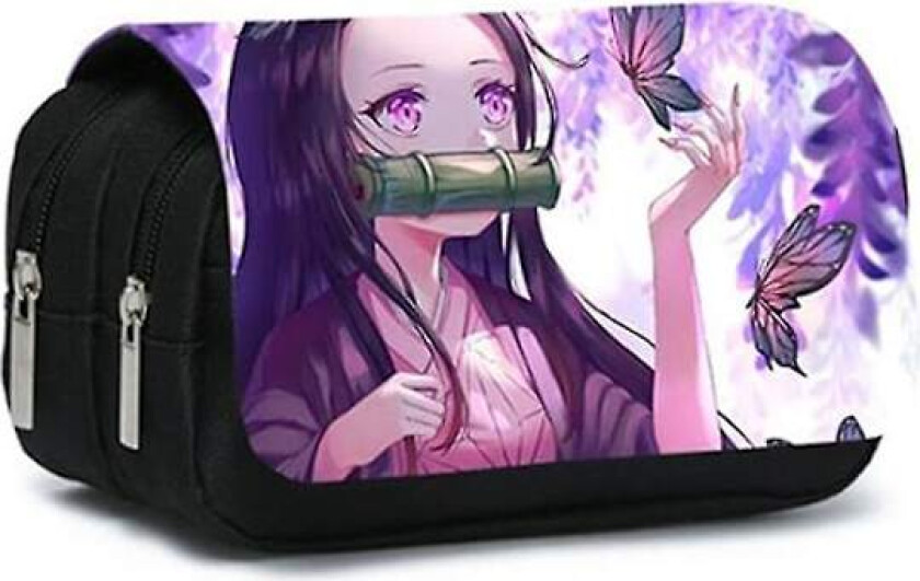 Demon Slayer blyantveske stor kapasitet barn student pennal dobbelt lag stasjonær arrangør barn gaver(E)