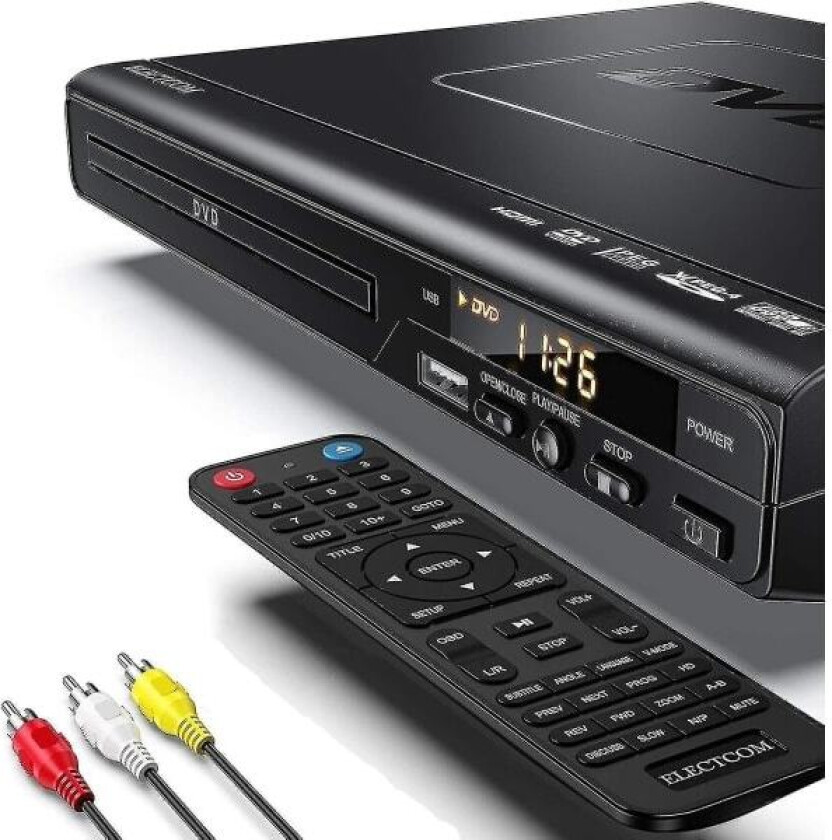 DVD-spiller for TV, Blu-ray DVD-spiller med fjernkontroll, HDMI-kabel (inkluderer rengjøringsklut) Wigslar