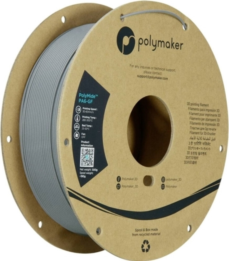 Polymaker Pg02001 Filament Pa6-Gf Kemisk Bestandig, Glasfiberforstærket, Varmebestandig, Høj Grad Af Stivhed 1.75 Mm 500 G Grå Polymide™ 1 Stk