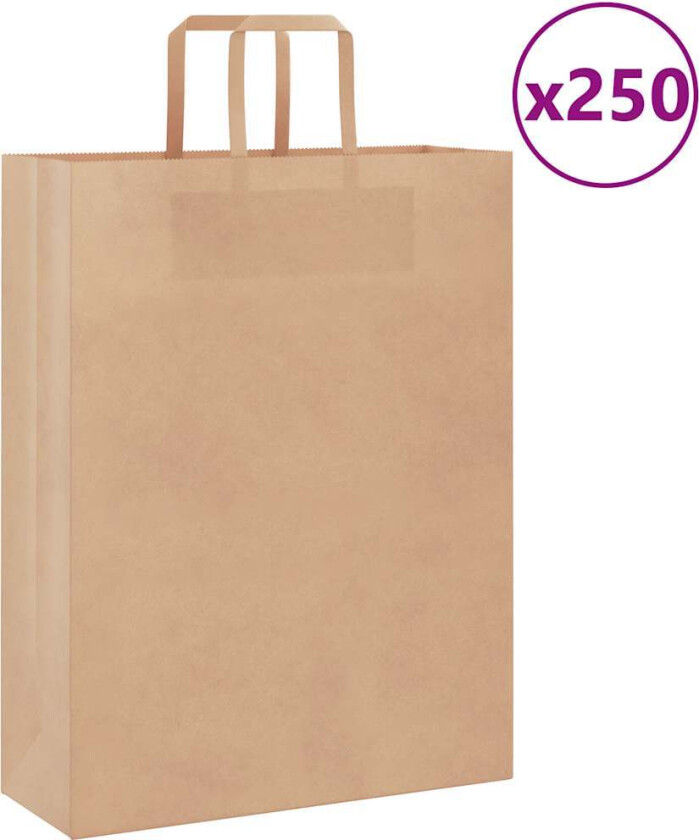 Kraftpapirposer 250 stk med håndtak brun 32x12x42 cm